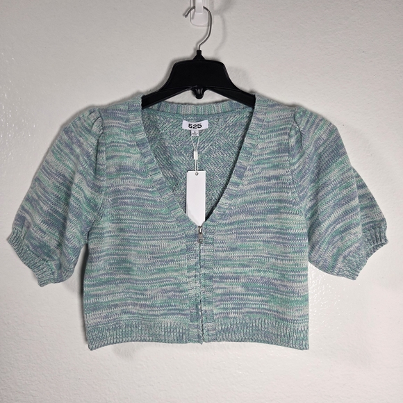 525 America Born in BKLYN Puff Sleeve Zip Sweater NWT - Picture 2 of 14